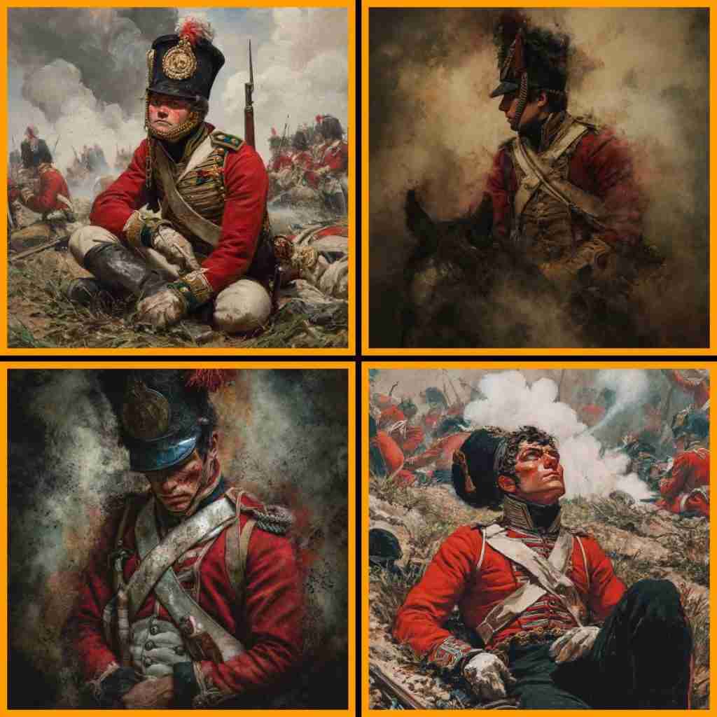 Painterly images of Napoleonic soldiers used as mood references to shape the AI Coldstream Guard’s presence, emotional restraint, and period atmosphere.