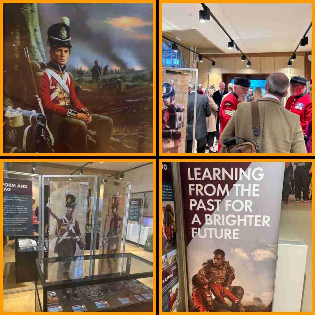 Collage showing the AI Coldstream Guard displayed as a framed portrait within the Waterloo Uncovered exhibition and viewed by visitors in the gallery setting.
