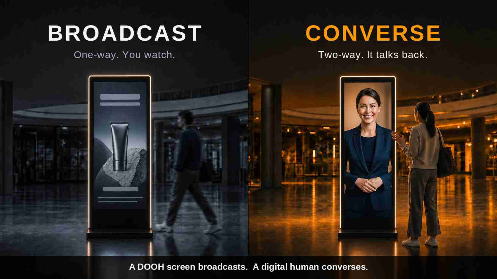 DOOH advertising compared to a conversational digital human, broadcast versus conversation