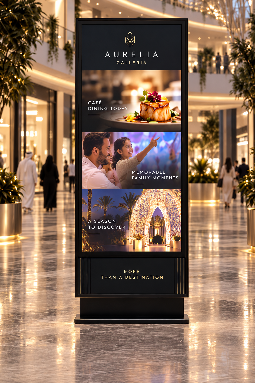 A branded digital screen in a mall atrium running campaign content for passing visitors