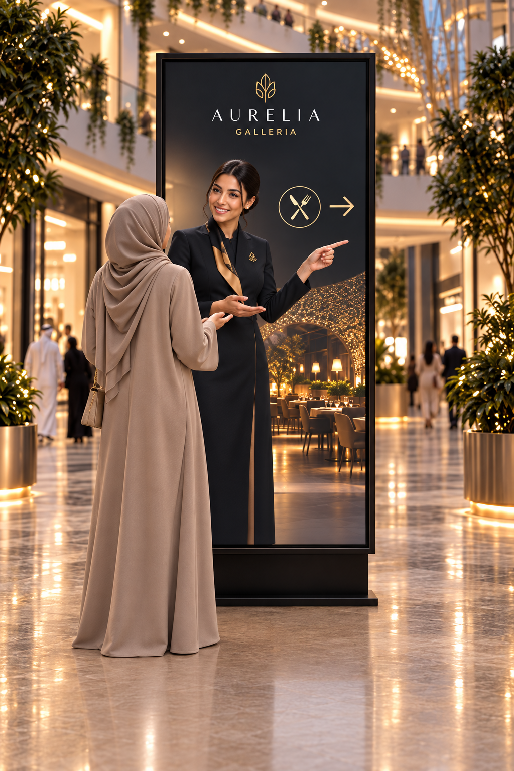A guest talking to a Lumière AI character on a mall screen, which points the way to dining