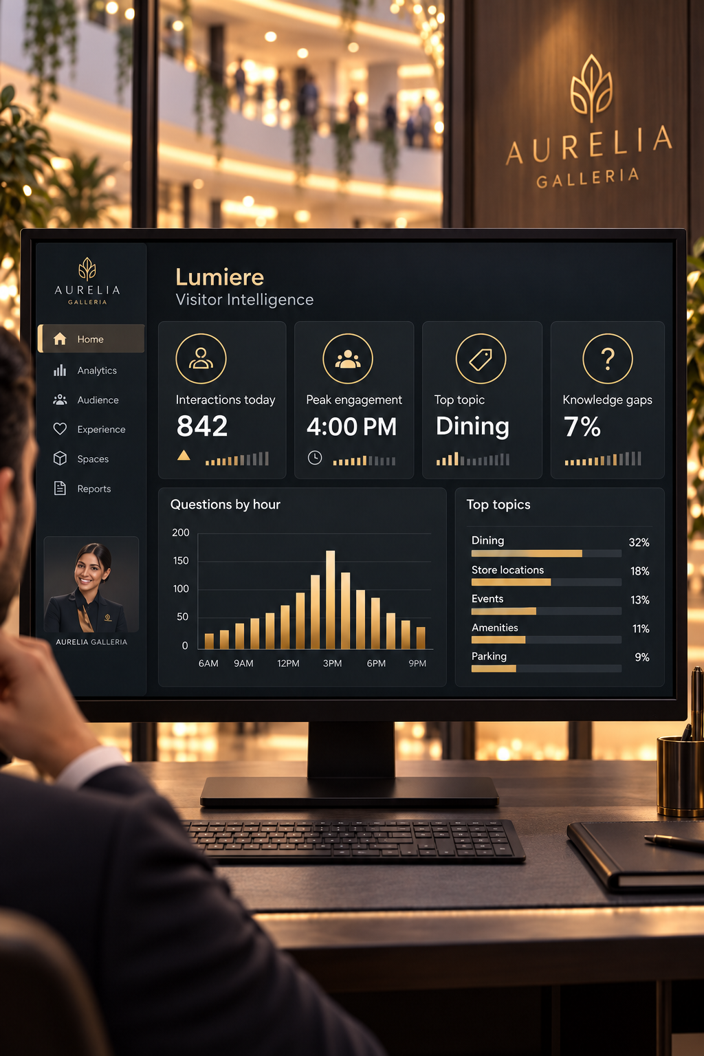 A venue operations dashboard showing visitor questions by hour, top topics and knowledge gaps