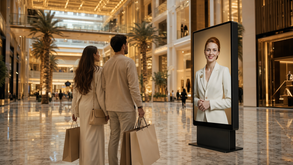 A couple approaching a Lumière AI host on a digital display in a luxury shopping mall