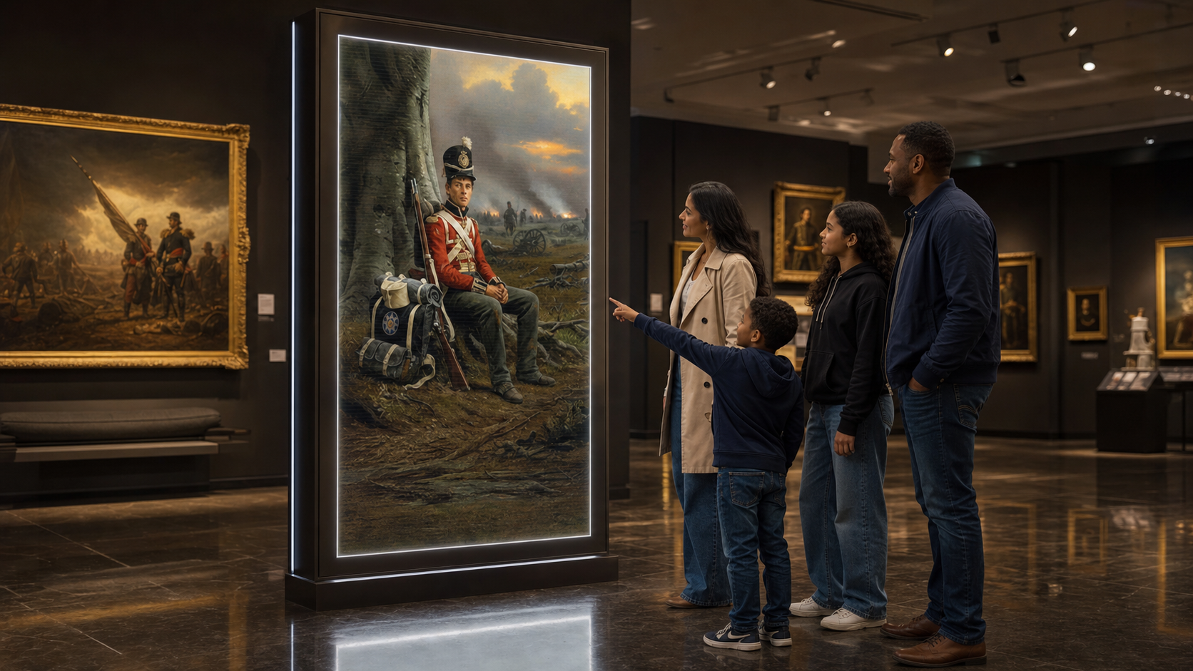 A family viewing a Napoleonic-era soldier on a Lumière AI display in a museum gallery